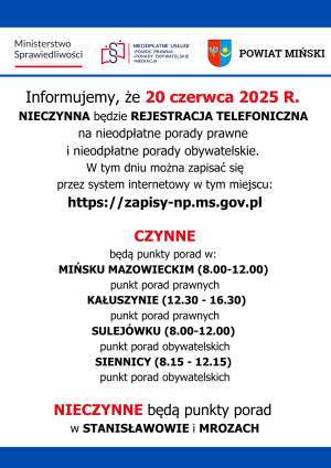 Miniaturka artykułu PRACA PUNKTÓW NIEODPŁATNEJ POMOCY PRAWNEJ I NIEODPŁATNEGO PORADNICTWA OBYWATELSKIEGO W DNIU 20 CZERWCA 2025 R.