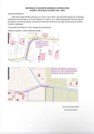 Miniaturka artykułu INFORMACJA O CZASOWYM ZAMKNIĘCIU ODCINKA DROGI W DNIU 7 LIPCA 2025 R. W GODZ. 8.00 – 18.00