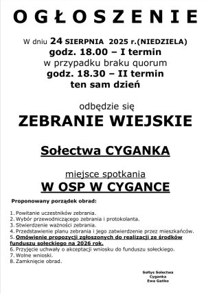 Miniaturka artykułu Zebranie Wiejskie Sołectwa Cyganka ‼️