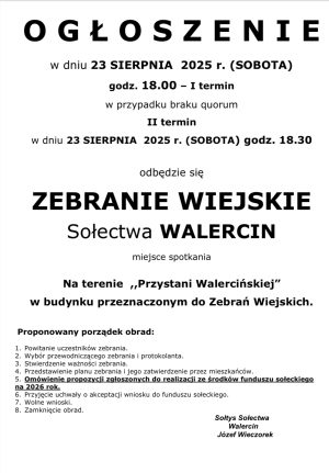 Miniaturka artykułu Zebranie Wiejskie Sołectwa Walercin ‼️