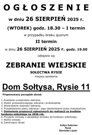 Miniaturka artykułu Zebranie Wiejskie Sołectwa Rysie‼️‼️