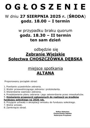 Miniaturka artykułu Zebranie Wiejskie Sołectwa Choszczówka Dębska ‼️‼️