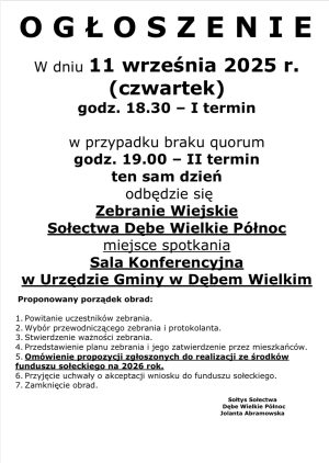 Miniaturka artykułu Zebranie Wiejskie Sołectwa Dębe Wielkie Północ ‼️‼️