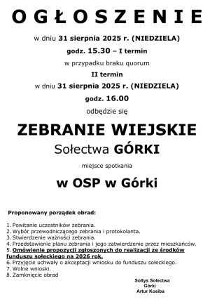 Miniaturka artykułu Zebranie Wiejskie Sołectwa Górki ‼️‼️