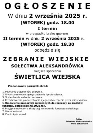 Miniaturka artykułu Zebranie Wiejskie Sołectwa ALEKSANDRÓWKA ‼️‼️