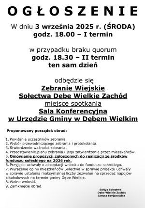 Miniaturka artykułu Zebranie Wiejskie Sołectwa Dębe Wielkie Zachód ‼️‼️