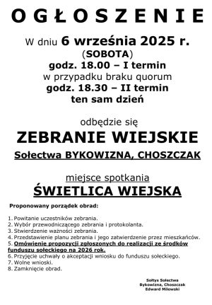 Miniaturka artykułu Zebranie Wiejskie Sołectwa Bykowizna, Choszczak ‼️‼️