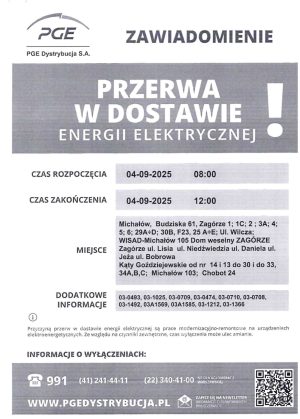 Miniaturka artykułu Przerwa w dostawie energii elektrycznej w dniu 4 września 2025r. ‼️‼️