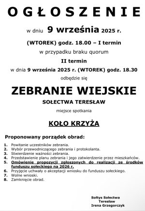 Miniaturka artykułu Zebranie Wiejskie Sołectwa Teresław ‼️‼️