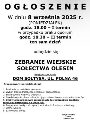 Miniaturka artykułu Zebranie Wiejskie Sołectwa Olesin ‼️‼️