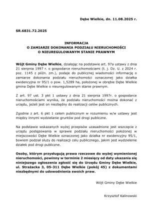 Miniaturka artykułu INFORMACJA O ZAMIARZE DOKONANIA PODZIAŁU NIERUCHOMOŚCI O NIEUREGULOWANYM STANIE PRAWNYM