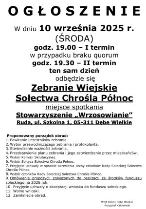 Miniaturka artykułu Zebranie Wiejskie Sołectwa Chrośla Północ ‼️‼️