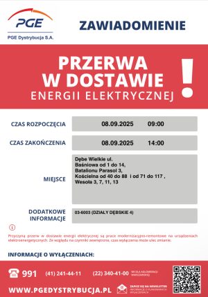 Miniaturka artykułu Przerwa w dostawie energii elektrycznej w dniu 8 września 2025r. ‼️‼️