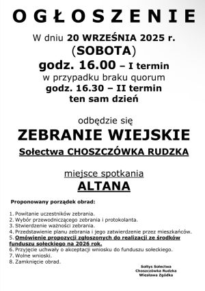 Miniaturka artykułu Zebranie Wiejskie Sołectwa Choszczówka Rudzka ‼️‼️