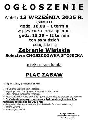 Miniaturka artykułu Zebranie Wiejskie Sołectwa Choszczówka Stojecka ‼️‼️