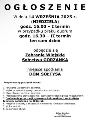 Miniaturka artykułu Zebranie Wiejskie Sołectwa Gorzanka ‼️‼️