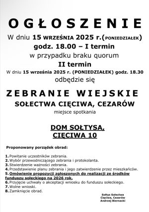 Miniaturka artykułu Zebranie Wiejskie Sołectwa Cięciwa, Cezarów ‼️‼️