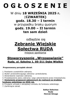 Miniaturka artykułu Zebranie Wiejskie Sołectwa Ruda ‼️‼️