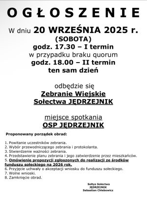 Miniaturka artykułu Zebranie Wiejskie Sołectwa Jędrzejnik ‼️‼️
