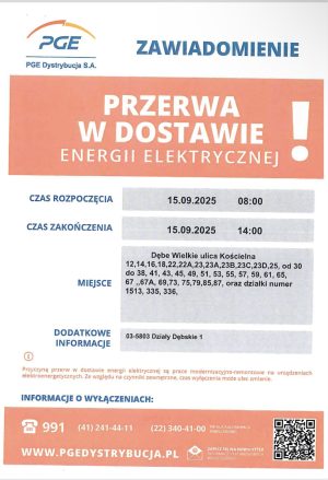 Miniaturka artykułu Przerwa w dostawie energii elektrycznej w dniu 15.09 ‼️‼️