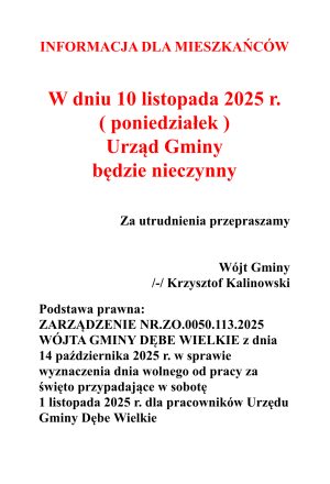Miniaturka artykułu W dniu 10 listopada 2025 r.( poniedziałek ) Urząd Gminy Będzie Nieczynny