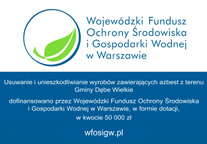 Miniaturka artykułu Usuwanie i unieszkodliwianie wyrobów zawierających azbest z terenu Gminy Dębe Wielkie dofinansowano dzięki wsparciu Wojewódzkiego Funduszu Ochrony Środowiska i Gospodarki Wodnej w Warszawie – dotacja w kwocie 50 000,00 zł.