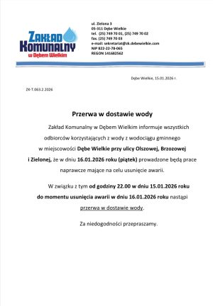 Miniaturka artykułu Przerwa w dostawie wody w dniu 16.01.2026