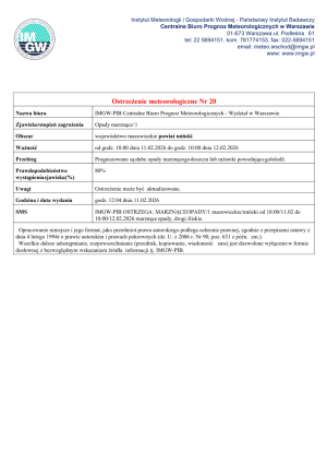 Miniaturka artykułu Ostrzeżenie meteorologiczne Nr 20