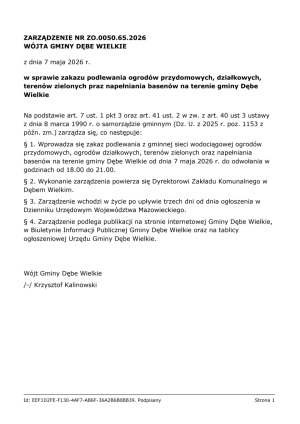 Miniaturka artykułu Zarządzenie w sprawie zakazu podlewania ogrodów przydomowych, działkowych,terenów zielonych praz napełniania basenów na terenie gminy Dębe Wielkie